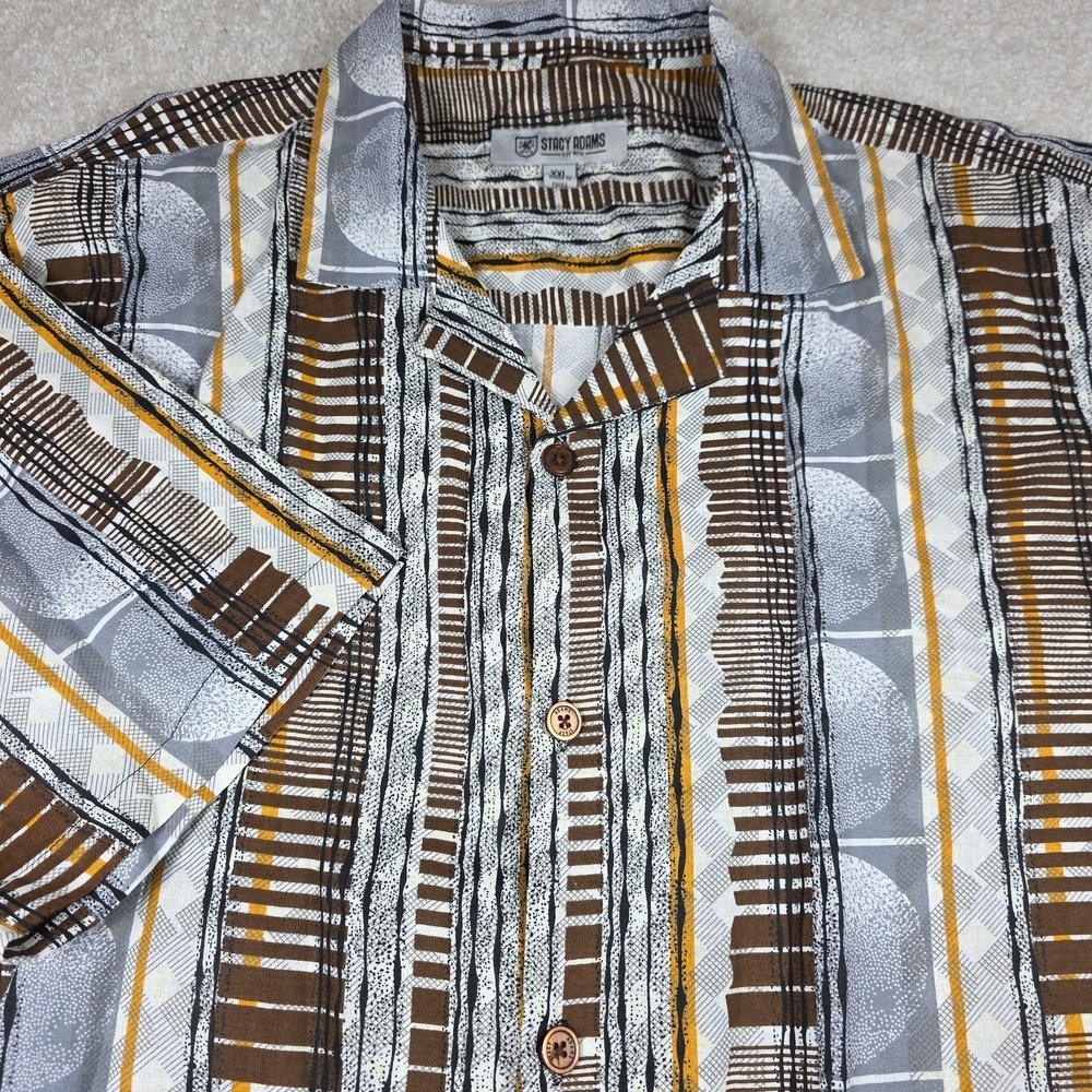 Stacy Adams Shirt Mens 2XL Brown Gray Geometric Button-Up Short Sleeve Casual‎